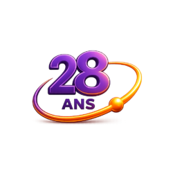 Illustration du texte « 28 ans » en relief violet, entouré d’un anneau orbital orange, symbolisant l’expérience ou l’ancienneté.
