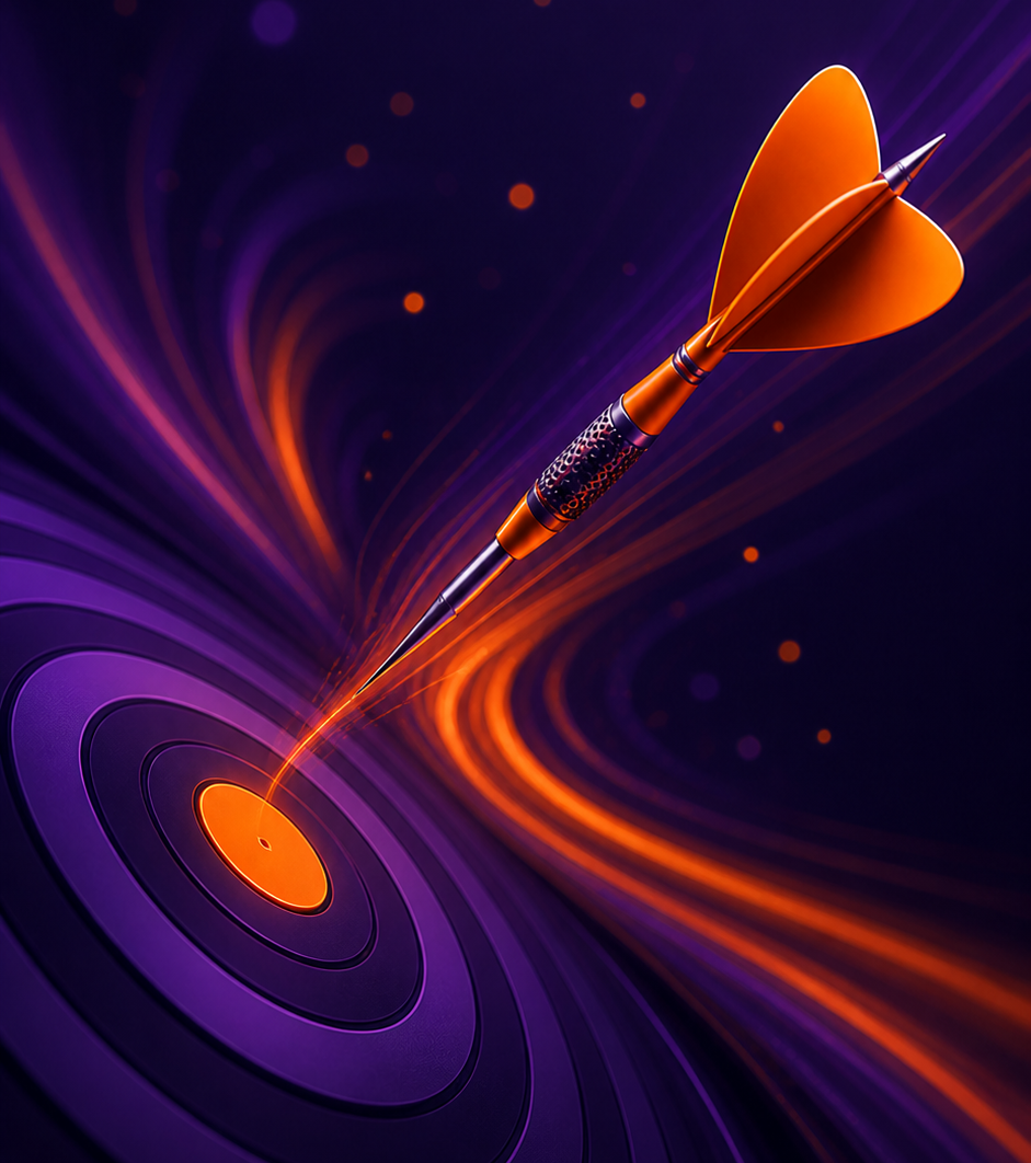 Illustration d’une fléchette orange en train d’atteindre le centre d’une cible, sur fond violet dynamique, symbolisant la précision, l’objectif atteint ou la performance.